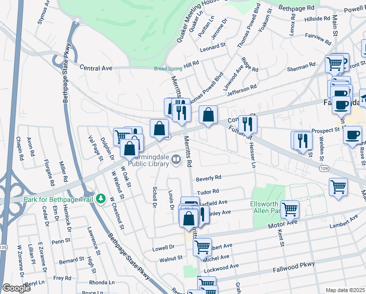map of restaurants, bars, coffee shops, grocery stores, and more near 106 Merritts Rd in Farmingdale