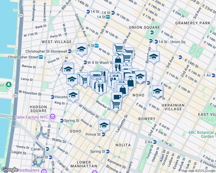 map of restaurants, bars, coffee shops, grocery stores, and more near 70 Washington Square South in New York