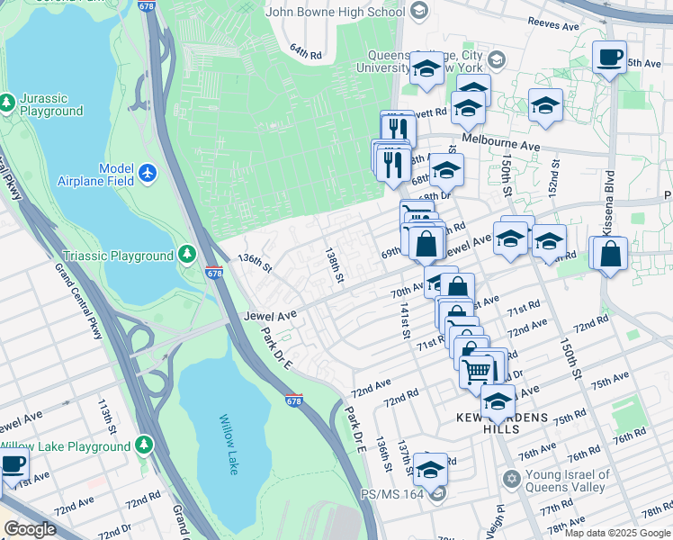 map of restaurants, bars, coffee shops, grocery stores, and more near 136-47 Jewel Avenue in Queens