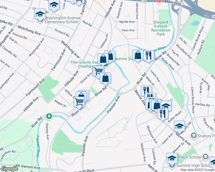 map of restaurants, bars, coffee shops, grocery stores, and more near 17 Watchung Ave in Chatham