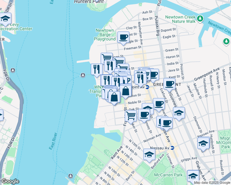 map of restaurants, bars, coffee shops, grocery stores, and more near 5658 Greenpoint Avenue in Brooklyn