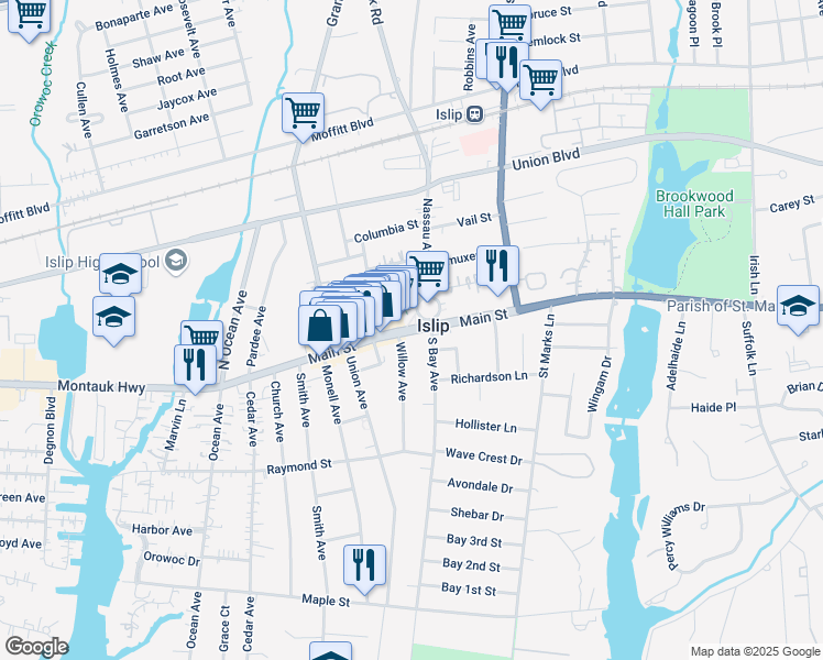 map of restaurants, bars, coffee shops, grocery stores, and more near 620 Main Street in Islip