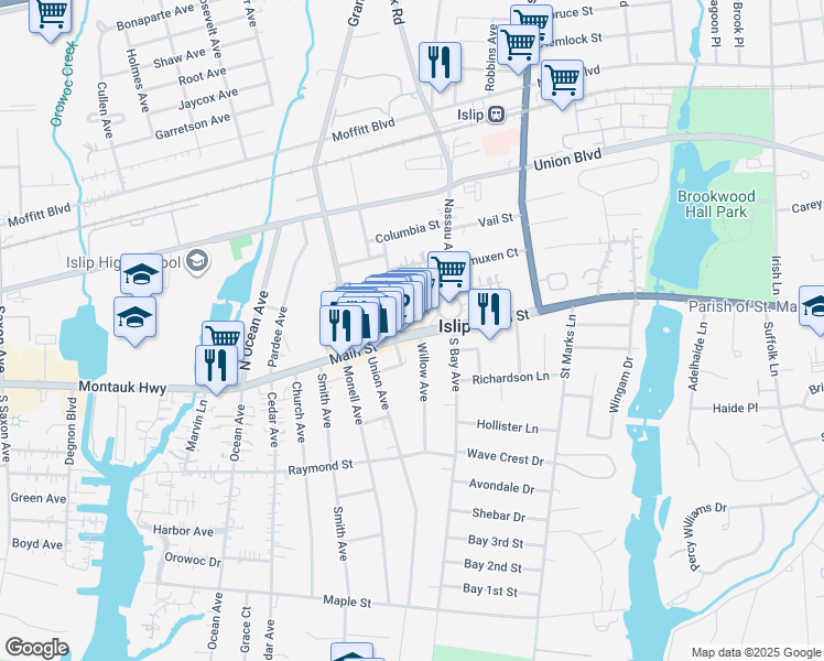 map of restaurants, bars, coffee shops, grocery stores, and more near 592 Main Street in Islip