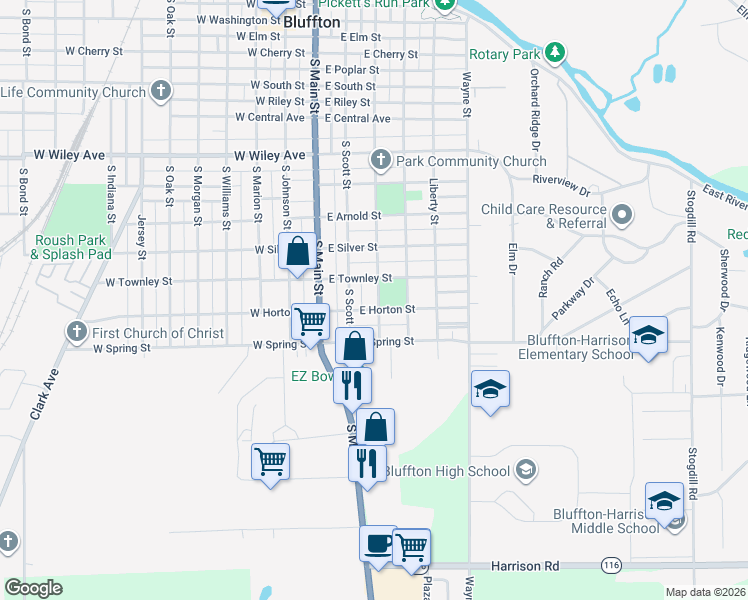 map of restaurants, bars, coffee shops, grocery stores, and more near 1001-1099 South Bennett Street in Bluffton