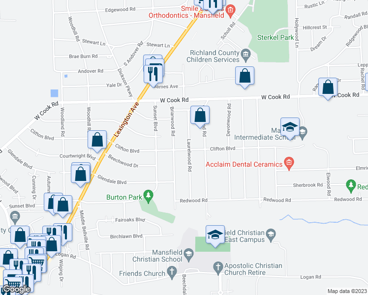 map of restaurants, bars, coffee shops, grocery stores, and more near 382 Clifton Boulevard in Mansfield