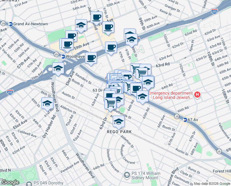 map of restaurants, bars, coffee shops, grocery stores, and more near 95-20 63rd Drive in Queens