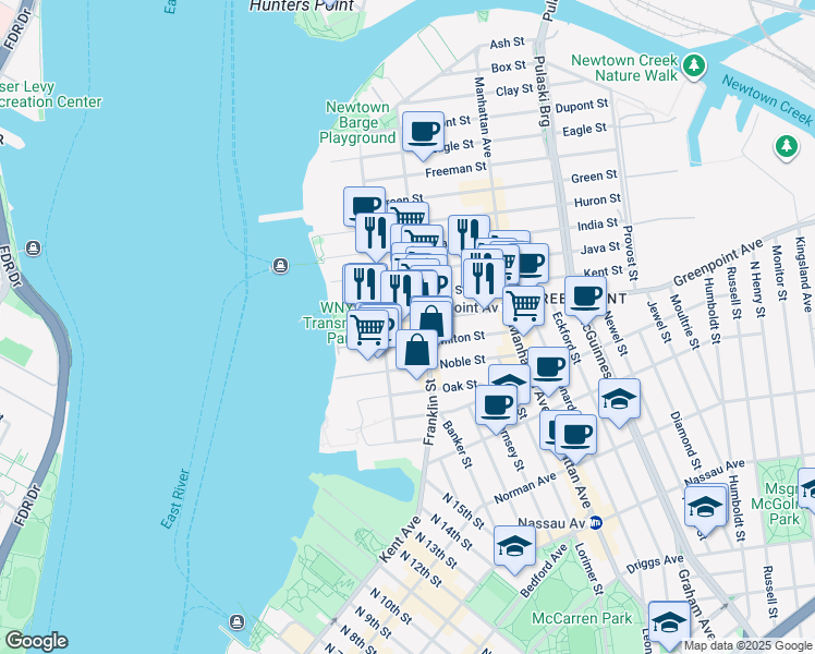 map of restaurants, bars, coffee shops, grocery stores, and more near 134 Franklin Street in Brooklyn