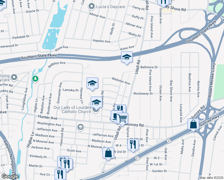 map of restaurants, bars, coffee shops, grocery stores, and more near 755 Van Buren Avenue in West Islip