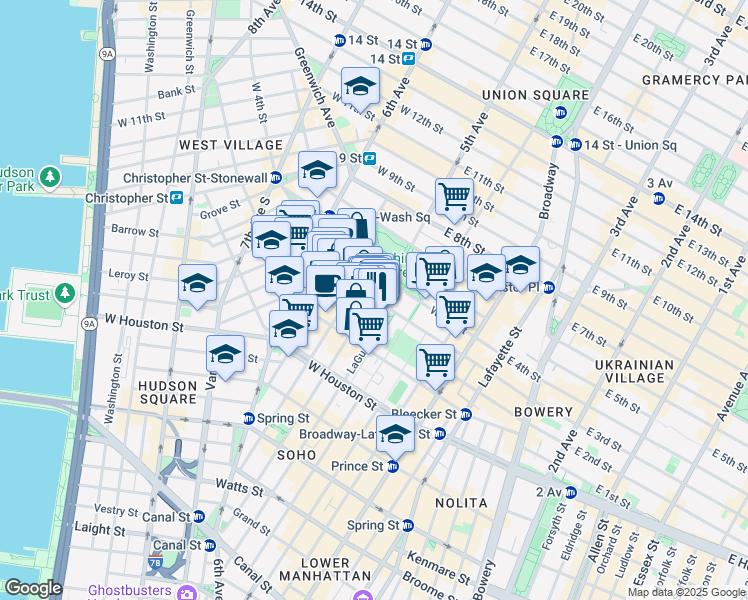 map of restaurants, bars, coffee shops, grocery stores, and more near 236 Thompson Street in New York