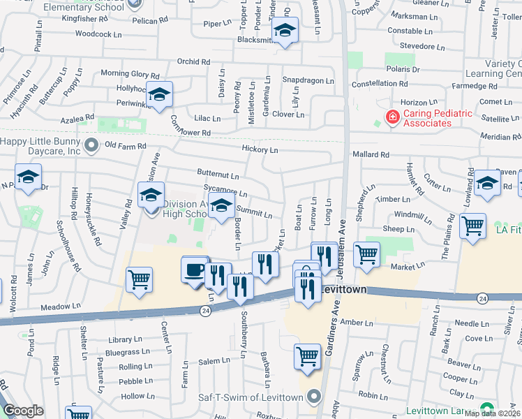 map of restaurants, bars, coffee shops, grocery stores, and more near 25 Summit Lane in Levittown
