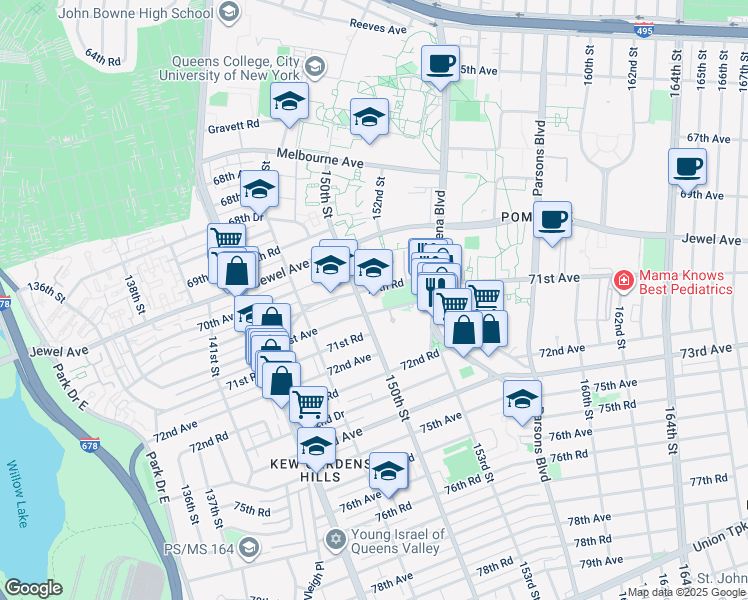 map of restaurants, bars, coffee shops, grocery stores, and more near 70-35 150th Street in Queens