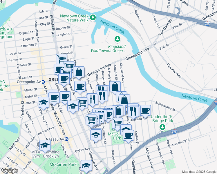 map of restaurants, bars, coffee shops, grocery stores, and more near 294 North Henry Street in Brooklyn