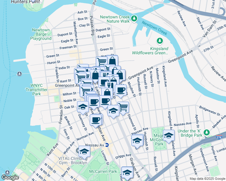 map of restaurants, bars, coffee shops, grocery stores, and more near 218 Newel Street in Brooklyn