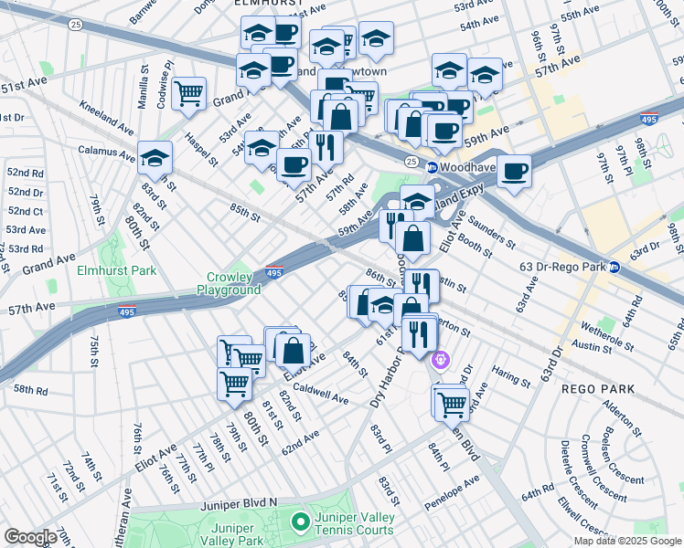 map of restaurants, bars, coffee shops, grocery stores, and more near 85-4 60th Avenue in Queens