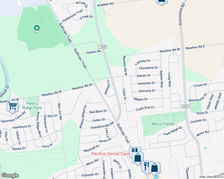 map of restaurants, bars, coffee shops, grocery stores, and more near 2815 Destiny Lane in Easton