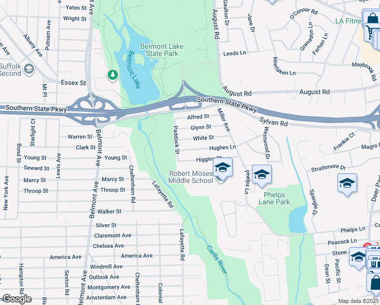 map of restaurants, bars, coffee shops, grocery stores, and more near 26 Hughes Lane in North Babylon