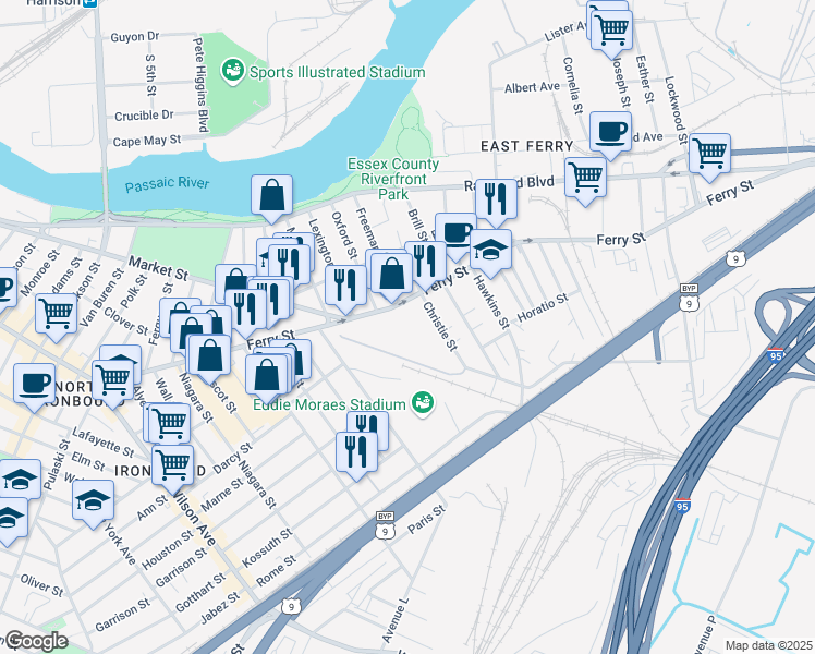 map of restaurants, bars, coffee shops, grocery stores, and more near 425 Ferry St in Newark