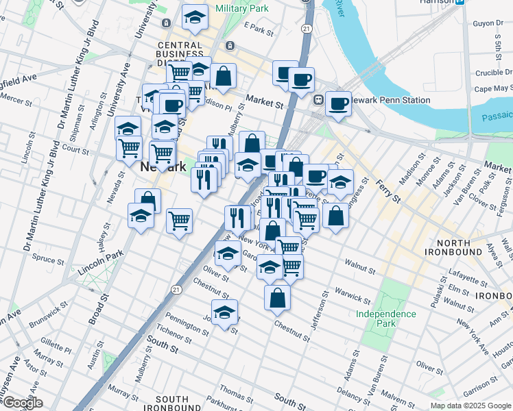 map of restaurants, bars, coffee shops, grocery stores, and more near 115 Bruen Street in Newark