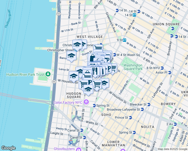 map of restaurants, bars, coffee shops, grocery stores, and more near 37 Bedford Street in New York