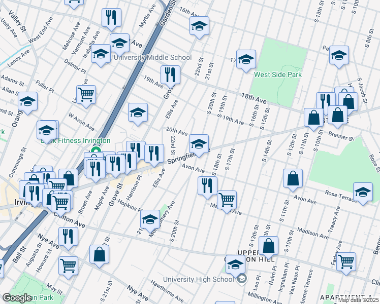 map of restaurants, bars, coffee shops, grocery stores, and more near 728 Springfield Avenue in Irvington