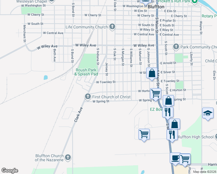 map of restaurants, bars, coffee shops, grocery stores, and more near 1015 Jersey Street in Bluffton