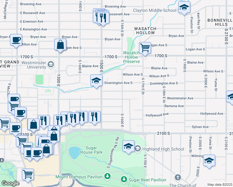 map of restaurants, bars, coffee shops, grocery stores, and more near 1568 Garfield Avenue in Salt Lake City