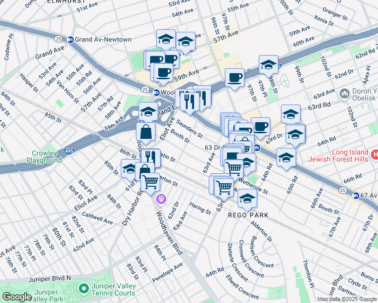 map of restaurants, bars, coffee shops, grocery stores, and more near 62-59 Wetherole Street in Queens