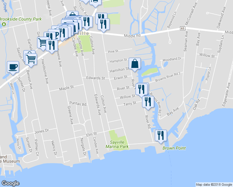 map of restaurants, bars, coffee shops, grocery stores, and more near 239 Foster Avenue in Sayville