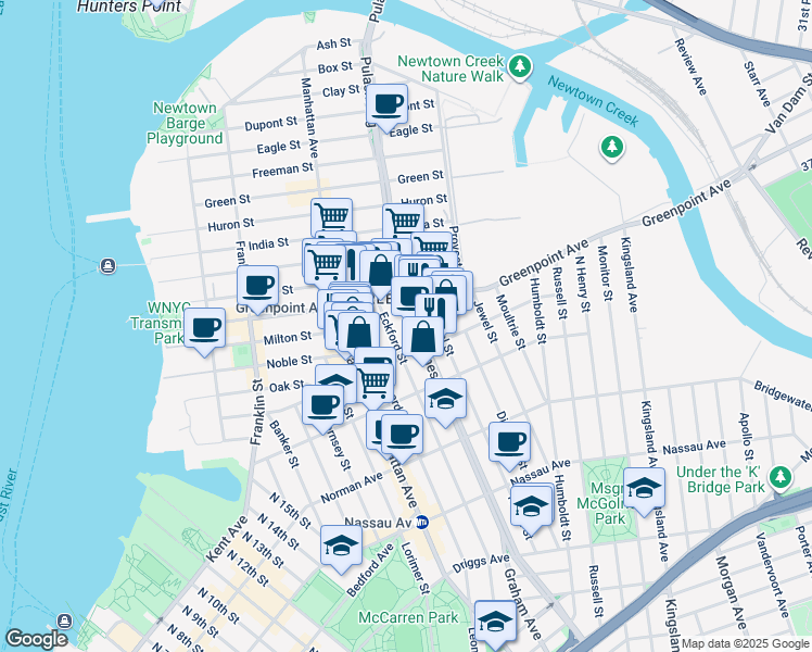 map of restaurants, bars, coffee shops, grocery stores, and more near 211 McGuinness Boulevard in Brooklyn