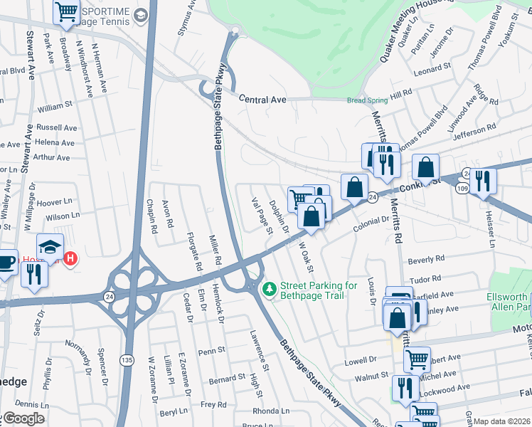 map of restaurants, bars, coffee shops, grocery stores, and more near 17 Val Page Street in Farmingdale