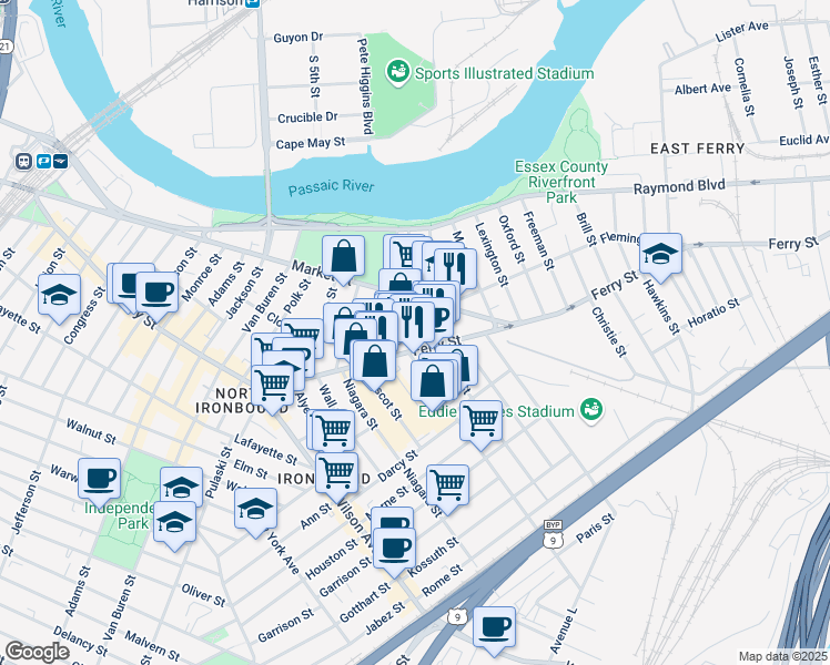 map of restaurants, bars, coffee shops, grocery stores, and more near 324 Ferry Street in Newark