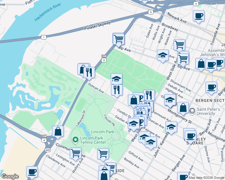 map of restaurants, bars, coffee shops, grocery stores, and more near 198 Freeman Avenue in Jersey City