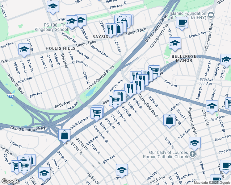 map of restaurants, bars, coffee shops, grocery stores, and more near 218-07 Spencer Avenue in Queens