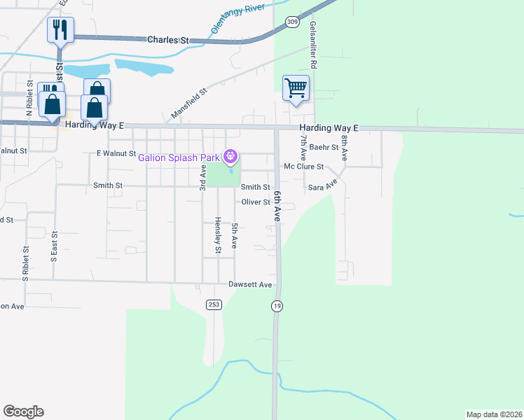 map of restaurants, bars, coffee shops, grocery stores, and more near 1259 Oliver Street in Galion