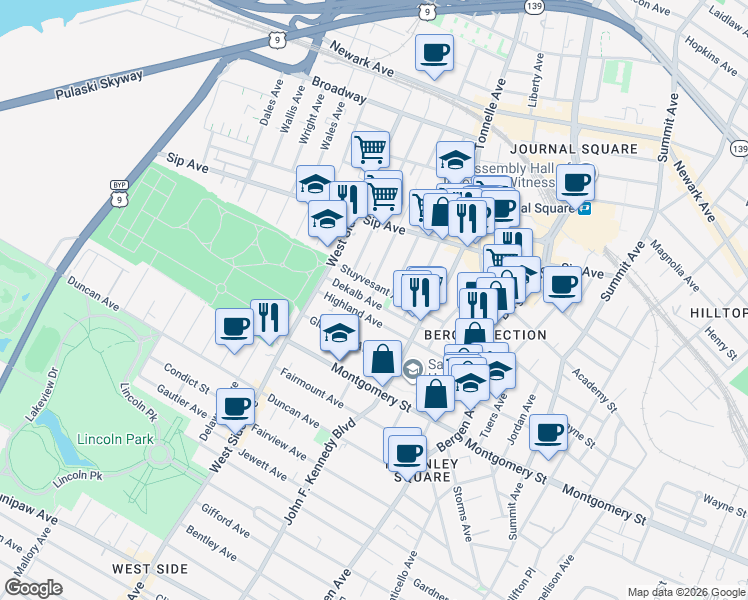 map of restaurants, bars, coffee shops, grocery stores, and more near 98 Dekalb Avenue in Jersey City