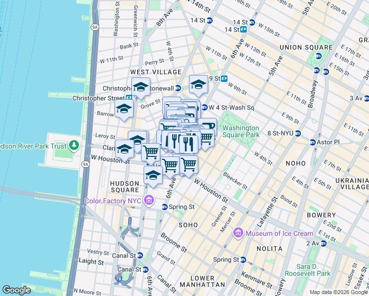 map of restaurants, bars, coffee shops, grocery stores, and more near 6th Ave & Downing St in New York