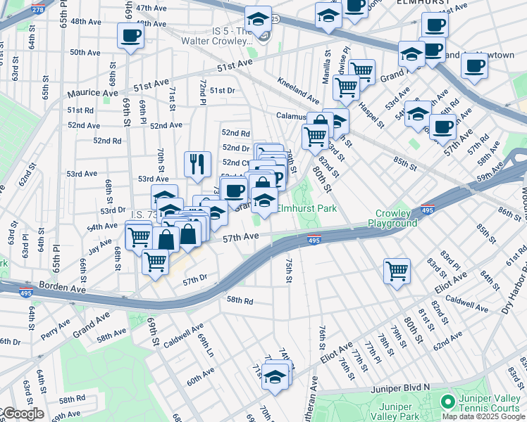 map of restaurants, bars, coffee shops, grocery stores, and more near in Queens