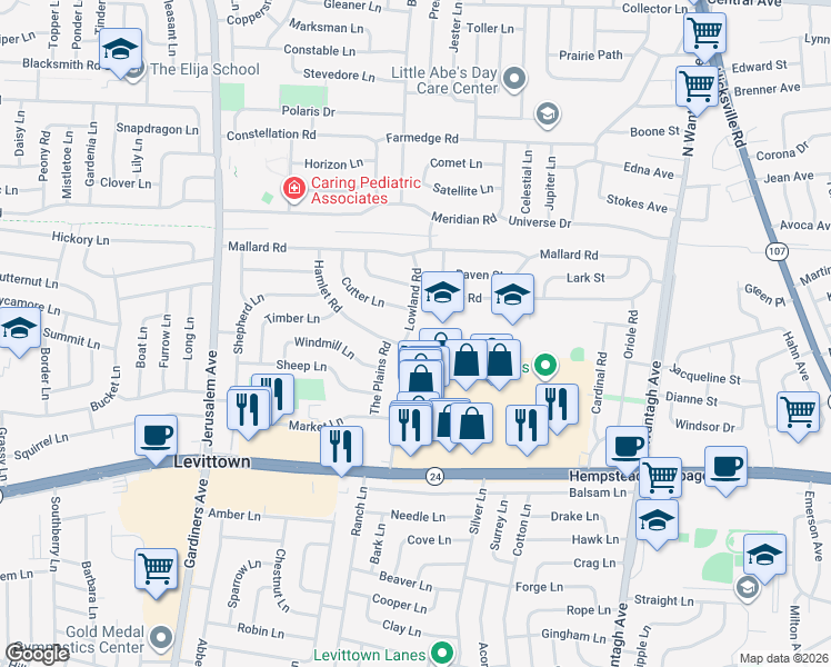 map of restaurants, bars, coffee shops, grocery stores, and more near 41 Lowland Road in Levittown