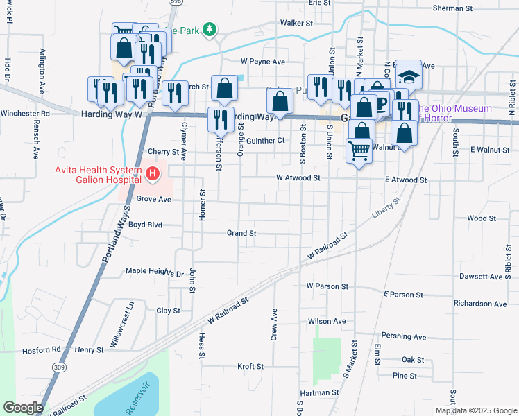 map of restaurants, bars, coffee shops, grocery stores, and more near 375 Grove Avenue in Galion