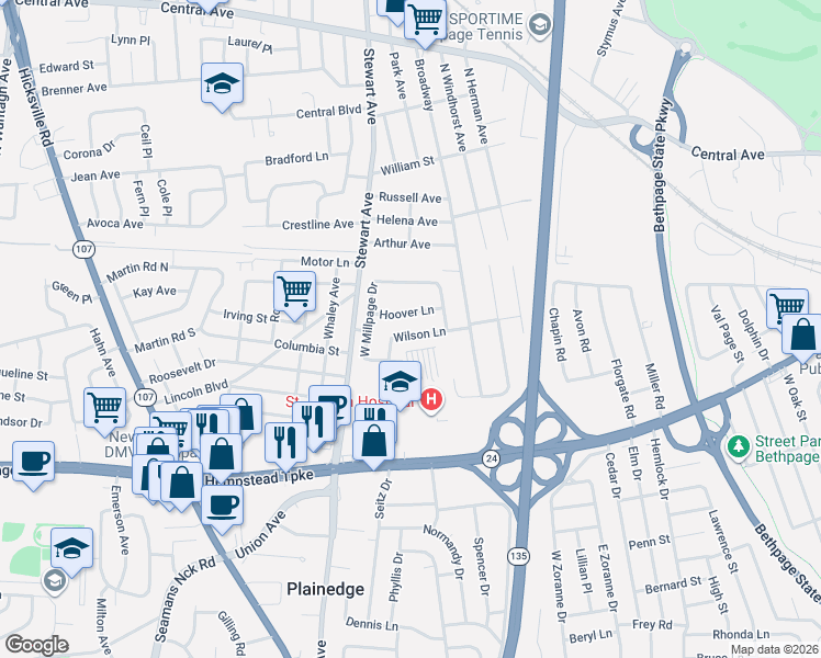 map of restaurants, bars, coffee shops, grocery stores, and more near 20 Wilson Lane in Bethpage