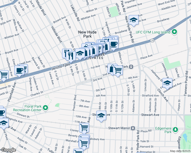 map of restaurants, bars, coffee shops, grocery stores, and more near 711 2nd Avenue in New Hyde Park