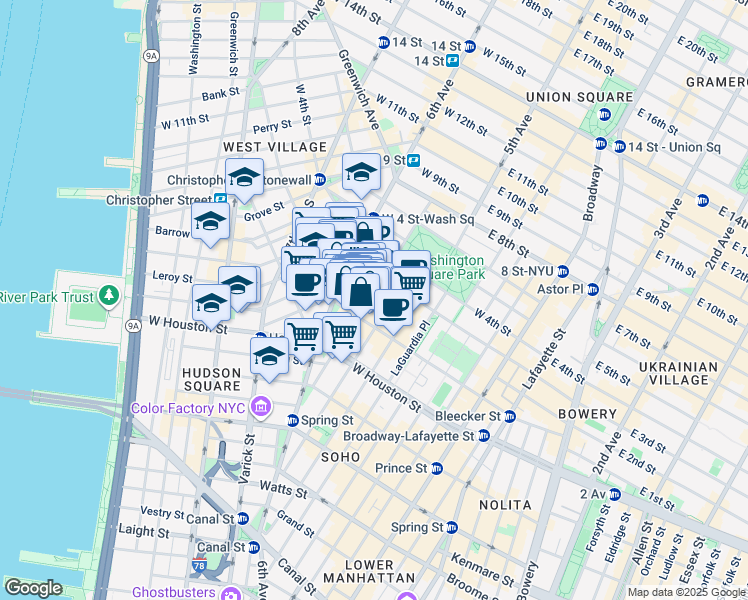 map of restaurants, bars, coffee shops, grocery stores, and more near 190 Bleecker Street in New York