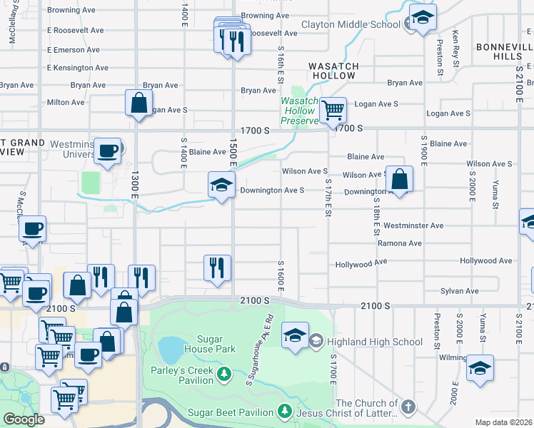 map of restaurants, bars, coffee shops, grocery stores, and more near 1568 Garfield Avenue in Salt Lake City