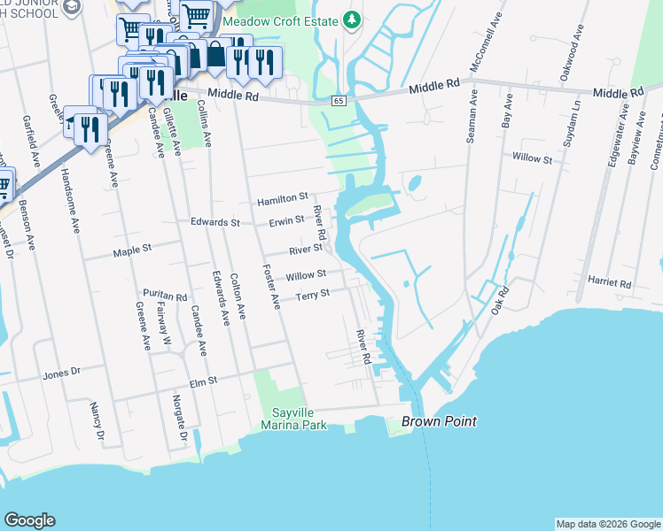 map of restaurants, bars, coffee shops, grocery stores, and more near 65 Willow Street in Sayville
