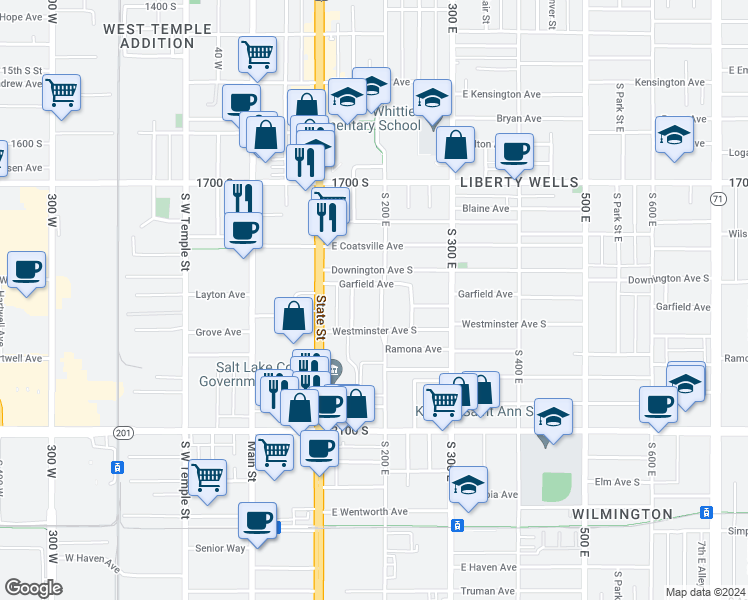 map of restaurants, bars, coffee shops, grocery stores, and more near 1869 Edison Street in Salt Lake City