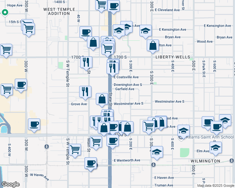 map of restaurants, bars, coffee shops, grocery stores, and more near 1869 Edison Street in Salt Lake City