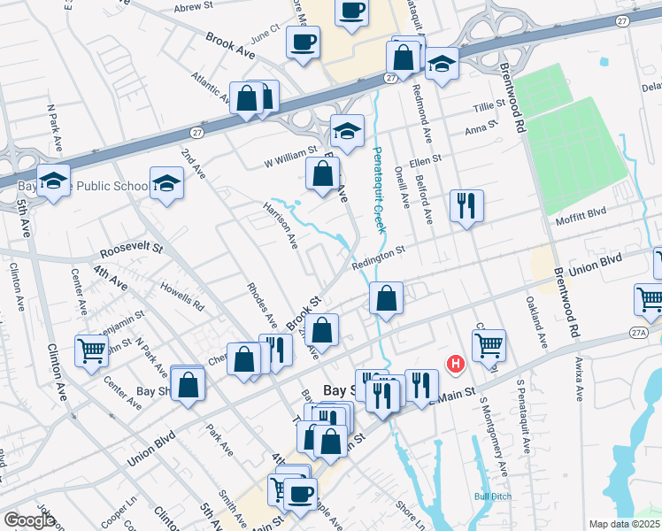 map of restaurants, bars, coffee shops, grocery stores, and more near 6 Westside Avenue in Bay Shore