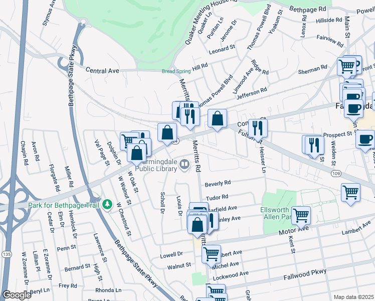 map of restaurants, bars, coffee shops, grocery stores, and more near 106 Merritts Road in Farmingdale