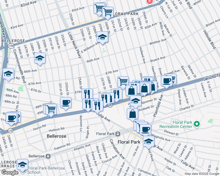 map of restaurants, bars, coffee shops, grocery stores, and more near 25810 87th Road in Queens