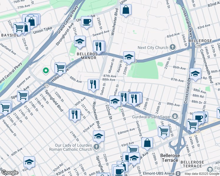 map of restaurants, bars, coffee shops, grocery stores, and more near 88-37 Sabre Street in Queens